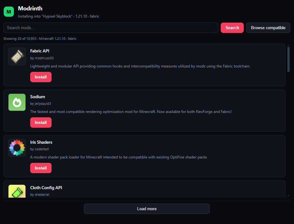 AxisLauncher in-app Modrinth browser showing searchable compatible mods with install buttons.