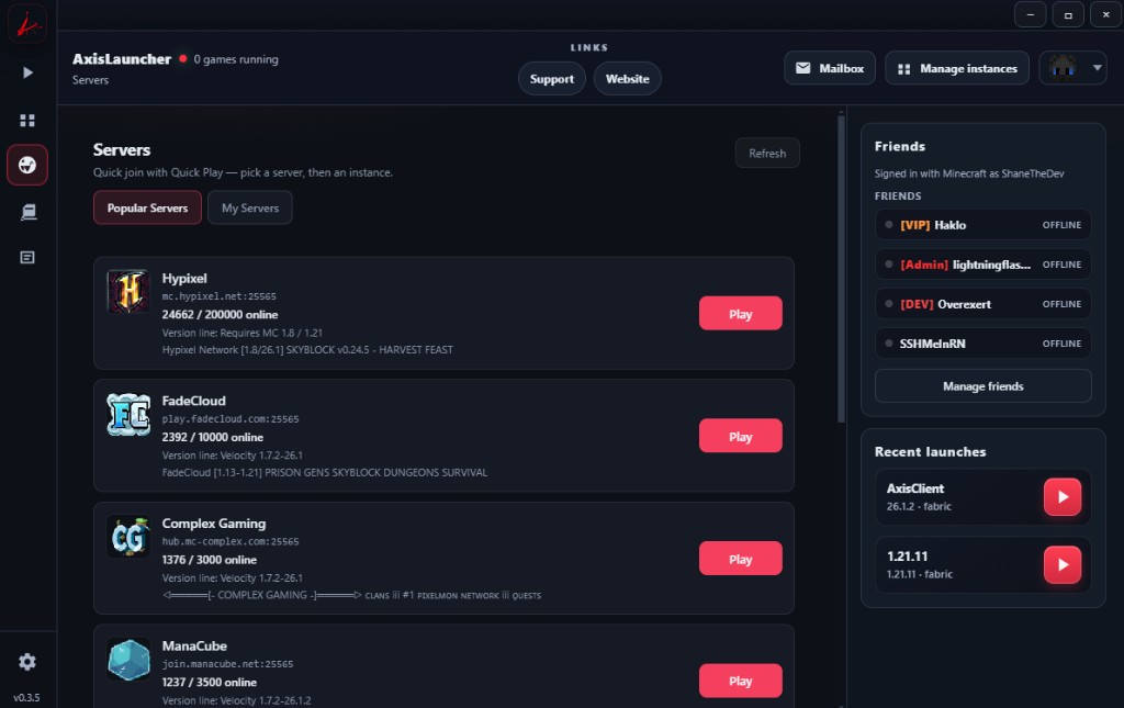 AxisLauncher servers page with popular servers and play buttons.